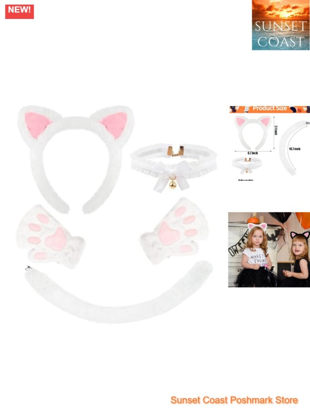 Women's White Cat Costume Accessory Set 4 Pc Fuzzy Headband Tail Necklace Paw